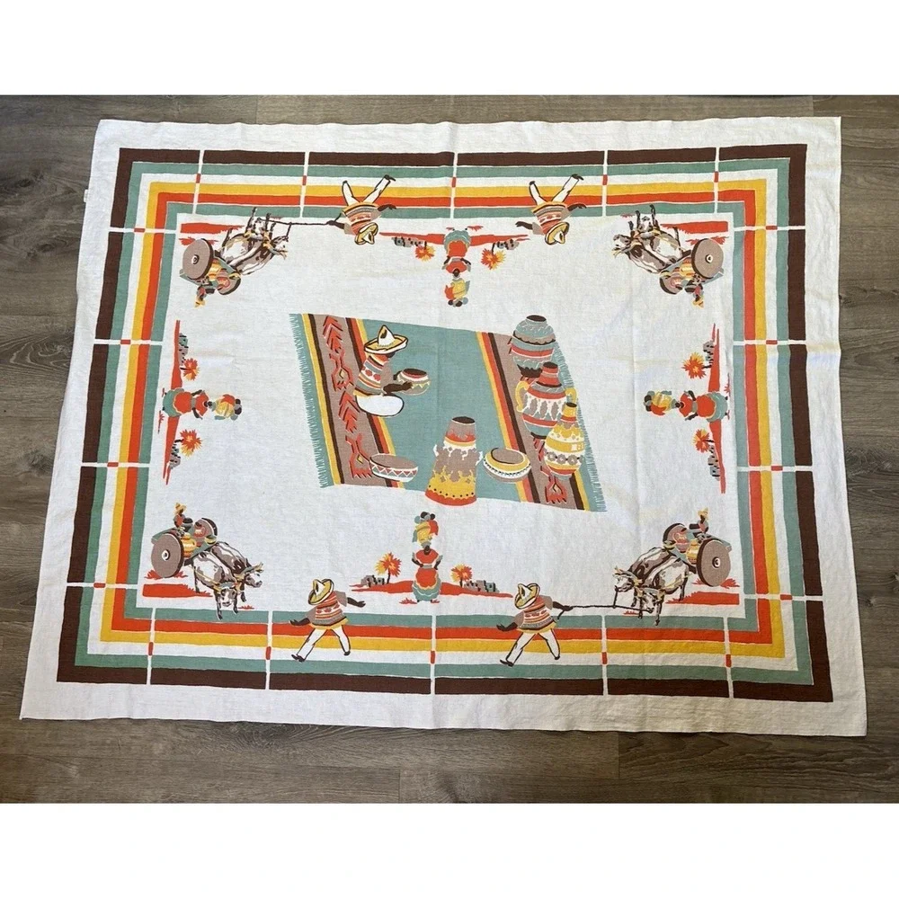 Vintage Startex Tablecloth 49x63 Vibrant Mexican Folk Art Southwestern MCM 1950s